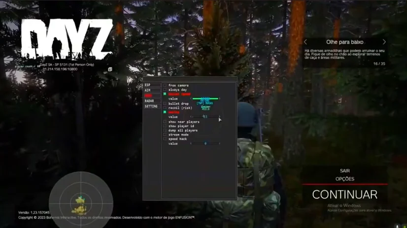 DayZ Cheats in-game menu — ESP, aim, radar, and misc options